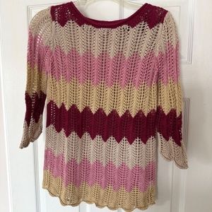 Women's Crochet Sweater Small Pink Maroon Tan Patterned Small